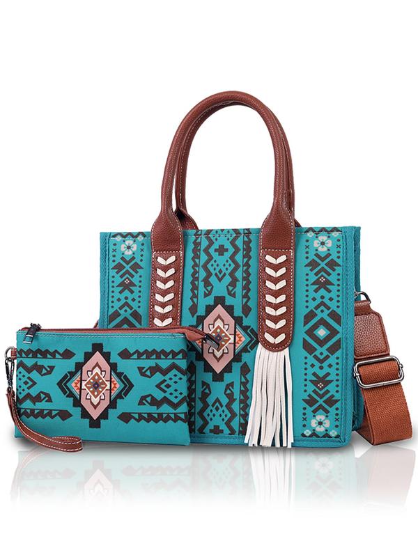 Boho Style Aztec Pattern Tassel Decor Tote Bag & Coin Purse, Casual Large Capacity Bag Set with Strap, Fashionable Bag Set for Women