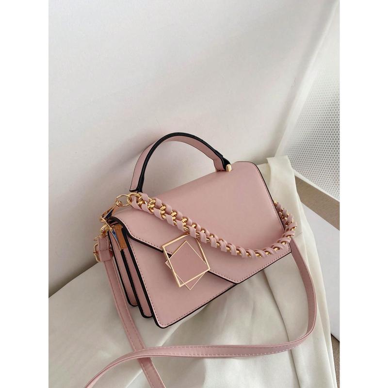 Mini Woven Chain Decorated Flap With Lock Portable Handbag For Women, Shoulder Bag Or Crossbody Bag, Suitable For Work, Shopping, Traveling.