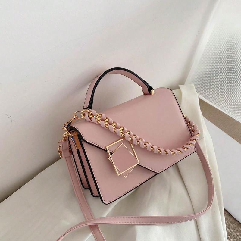 Mini Woven Chain Decorated Flap With Lock Portable Handbag For Women, Shoulder Bag Or Crossbody Bag, Suitable For Work, Shopping, Traveling.