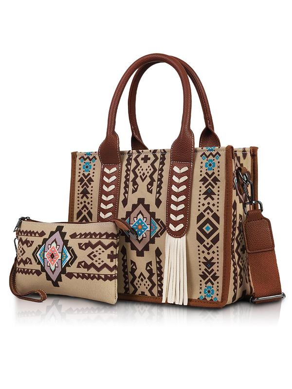 Boho Style Aztec Pattern Tassel Decor Tote Bag & Coin Purse, Casual Large Capacity Bag Set with Strap, Fashionable Bag Set for Women