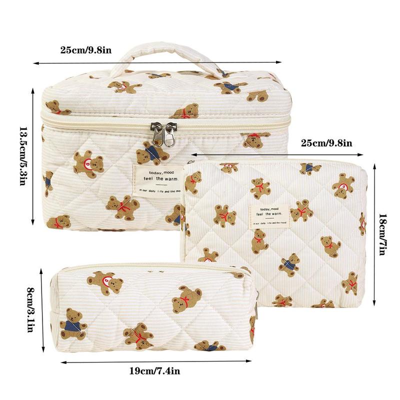 Cartoon Bear Pattern Quilted Makeup Bag Kit, Large Capacity Cosmetic Storage Bag, Zipper Makeup Organizer Pouch, Makeup Tool for Home & Travel, Makeup Product