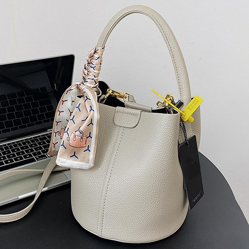 Casual Soft PU Leather Tote Bag for Women Cute Bucket Bag Plain Shoulder Crossbody Bag With Scarf Decor for Daily Use