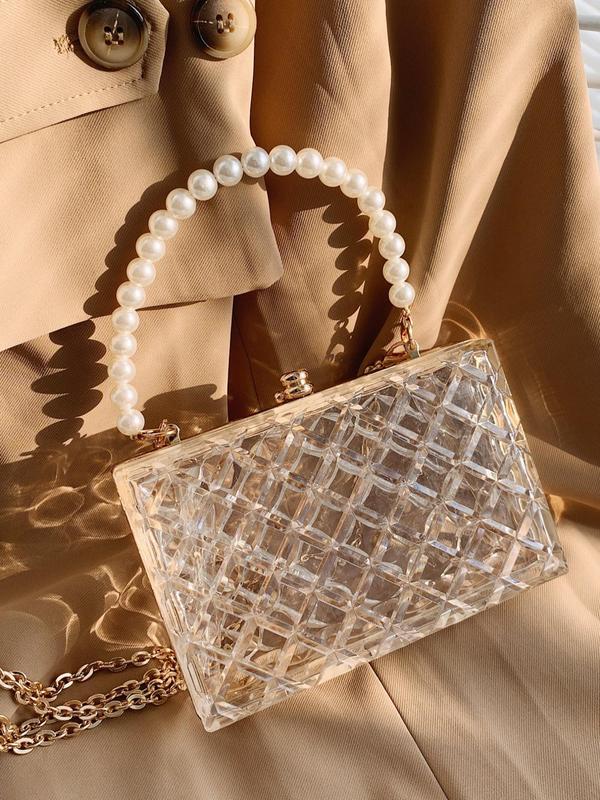 Women's Minimalist Elegant Transparent Argyle Faux Pearl Handle & Chain Design Box Shaped Evening Bag For Dating & Party