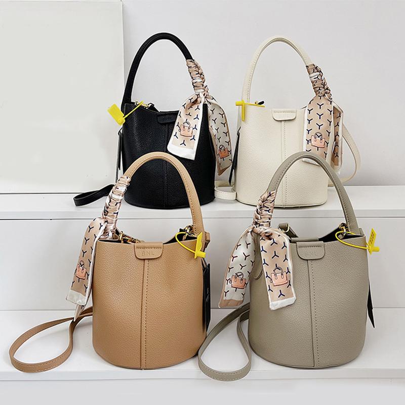 Casual Soft PU Leather Tote Bag for Women Cute Bucket Bag Plain Shoulder Crossbody Bag With Scarf Decor for Daily Use