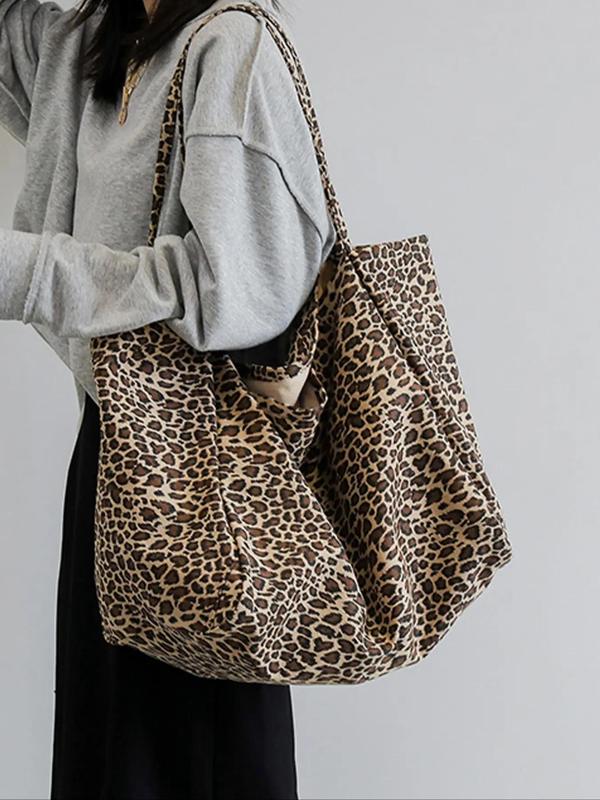 Women's Fashion Leopard Print Tote Bag, Large Capacity Lightweight Foldable Designer Shoulder Bag, Trendy Versatile High-quality Daily Commuting Bag, Girl Fashionable Shopping Bag