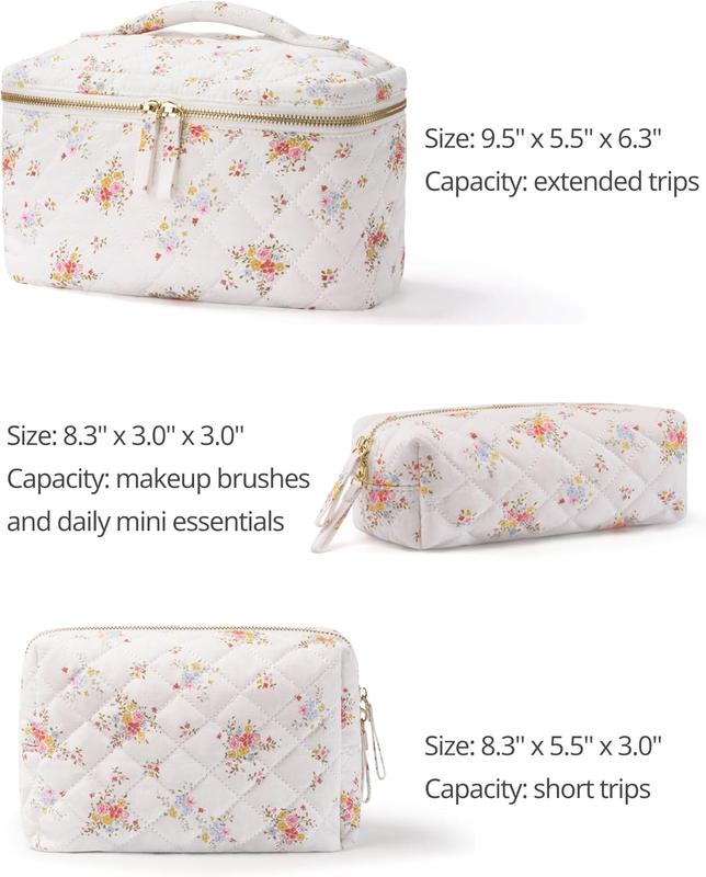 Floral Quilted Makeup Bag Set of 3 count, Cute Travel Makeup Bags Coquette White Flower Cosmetic Pouch, Aesthetic Cotton Quilt Cloth Toiletry Traveling Bag for Women, Girls