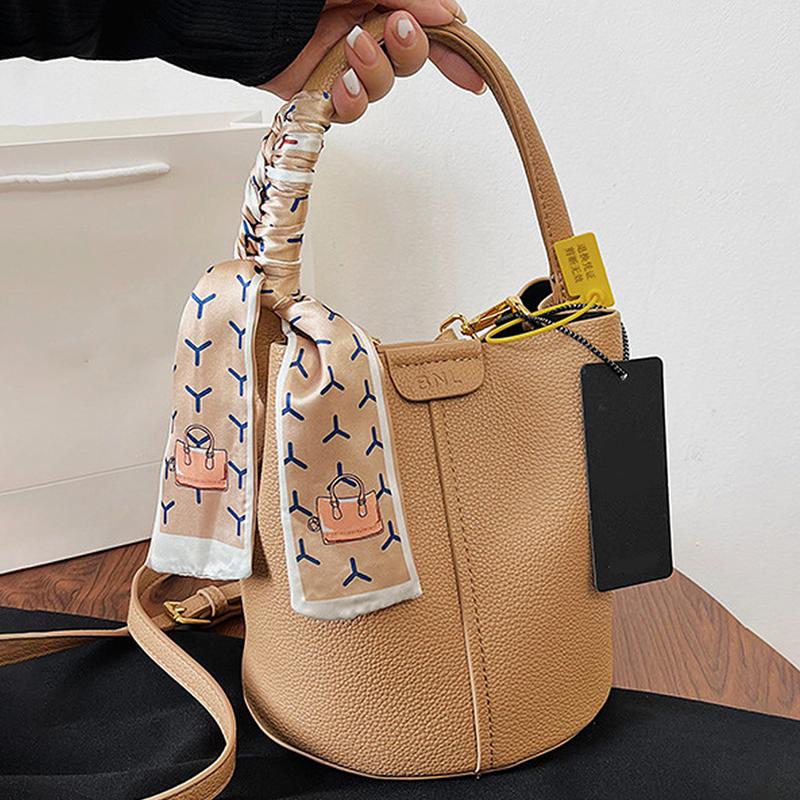 Casual Soft PU Leather Tote Bag for Women Cute Bucket Bag Plain Shoulder Crossbody Bag With Scarf Decor for Daily Use