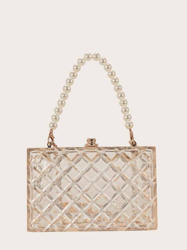 Women's Minimalist Elegant Transparent Argyle Faux Pearl Handle & Chain Design Box Shaped Evening Bag For Dating & Party