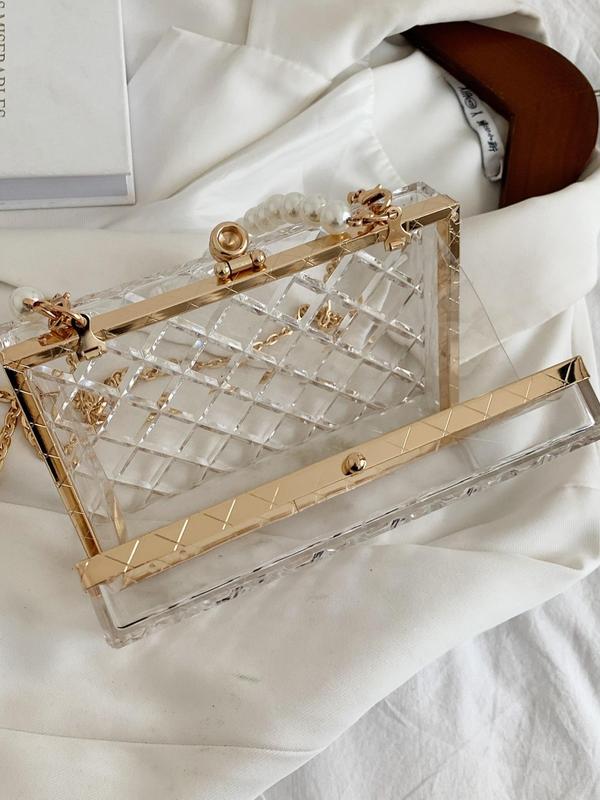 Women's Minimalist Elegant Transparent Argyle Faux Pearl Handle & Chain Design Box Shaped Evening Bag For Dating & Party