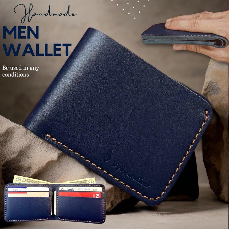 Genuine Leather wallet Men's 6 card slots, 2x bill, blue color Leather Wallet Bifold black trend durable classic