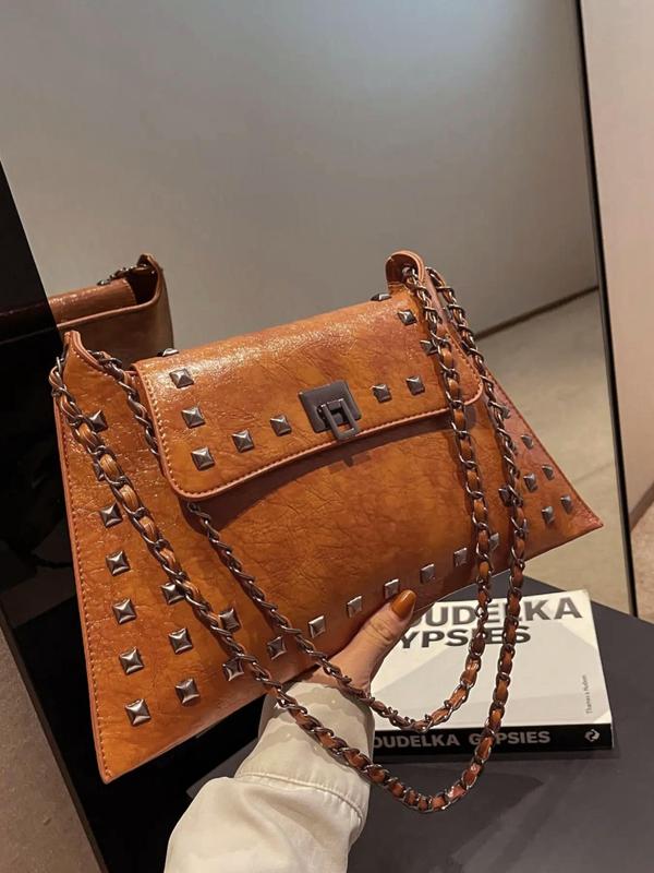 Women's Summer Punk Goth Rivet Decor Shoulder Bag, Fashionable Solid Color Underarm Bag for Daily Used, Casual Trendy Versatile High-quality Daily Commuting Bag