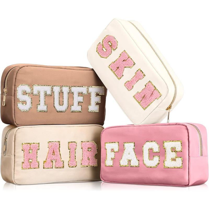 4 Pcs Preppy Makeup Bag - Your Stylish Storage Solution! Chenille letter nylon cosmetic bag. Makeup bag toiletry cosmetic case. Preppy bag with zipper. Stuff bag cosmetic pouch. Makeup pouch for women.