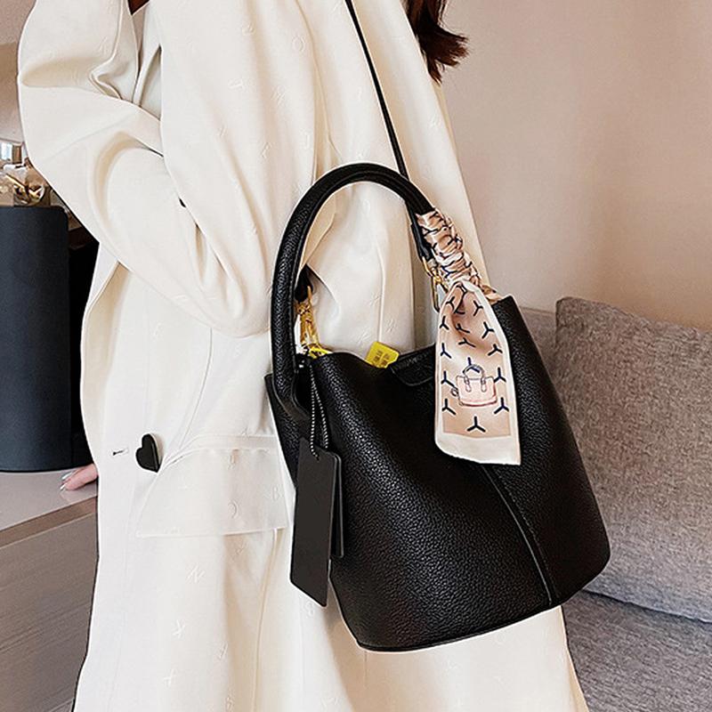 Casual Soft PU Leather Tote Bag for Women Cute Bucket Bag Plain Shoulder Crossbody Bag With Scarf Decor for Daily Use