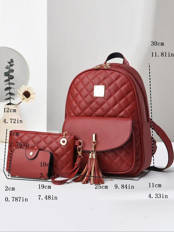 Fashionable Tassel Decor Quilted Backpack & Wristlet Bag & Wallet, Large Capacity Backpack with Bag Charm, Casual Computer Backpack for Women & Men