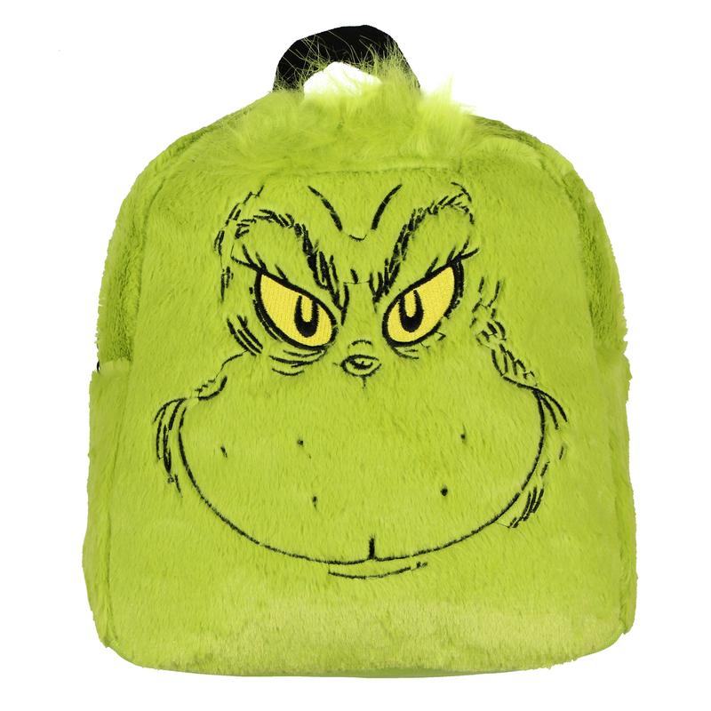 Dr. Suess The Grinch Embroidered Smiling Face w  3D Hair Tuft Fuzzy Soft Mini Backpack Purse with Adjustable Straps