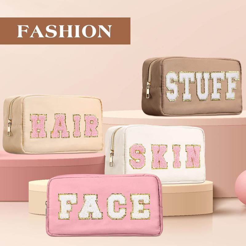 4 Pcs Preppy Makeup Bag - Your Stylish Storage Solution! Chenille letter nylon cosmetic bag. Makeup bag toiletry cosmetic case. Preppy bag with zipper. Stuff bag cosmetic pouch. Makeup pouch for women.