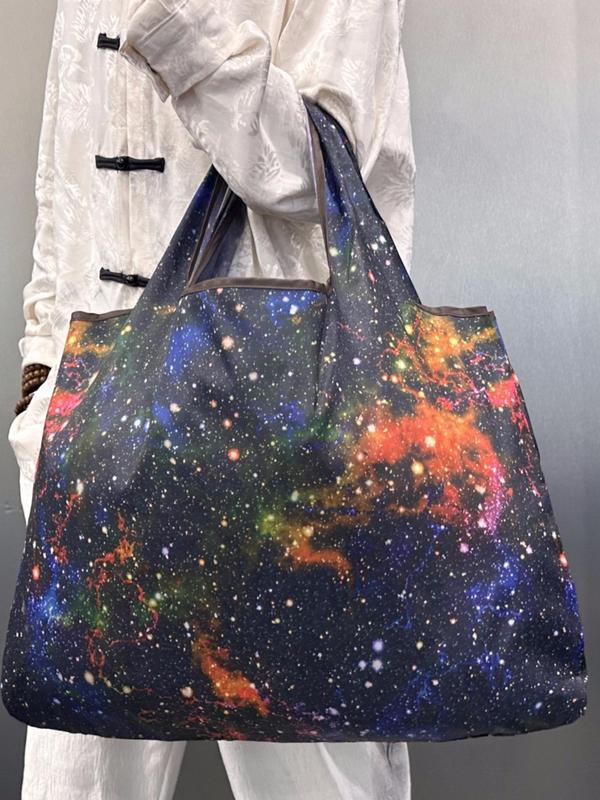 All over Galaxy Print Tote Bag,  Large Capacity Shoulder Bag for Women, Folding Portable Outdoor Shopping Street Bag