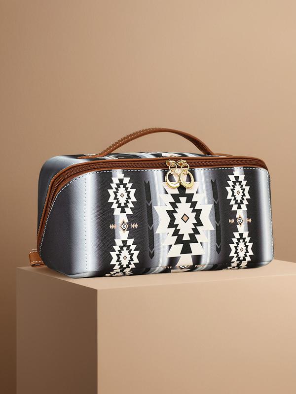 Boho Style Ethnic Pattern Makeup Bag, 2024 New Style Casual Pu Leather Zipper Makeup Bag, Versatile Storage Bag for Travel & Daily Use