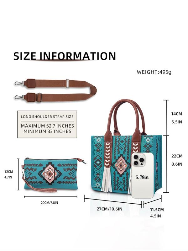 Boho Style Aztec Pattern Tassel Decor Tote Bag & Coin Purse, Casual Large Capacity Bag Set with Strap, Fashionable Bag Set for Women