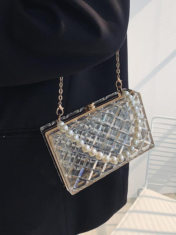 Women's Minimalist Elegant Transparent Argyle Faux Pearl Handle & Chain Design Box Shaped Evening Bag For Dating & Party