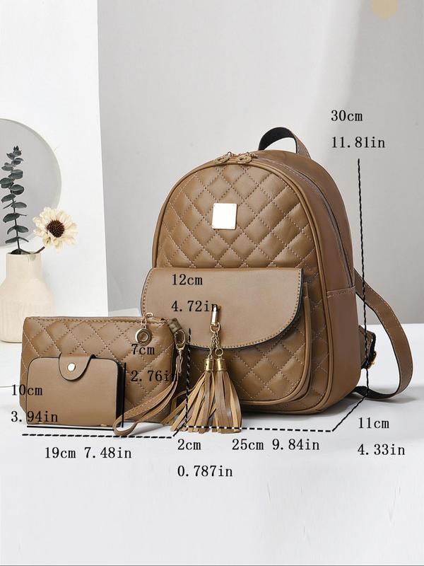 Fashionable Tassel Decor Quilted Backpack & Wristlet Bag & Wallet, Large Capacity Backpack with Bag Charm, Casual Computer Backpack for Women & Men