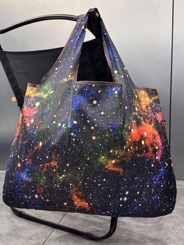 All over Galaxy Print Tote Bag,  Large Capacity Shoulder Bag for Women, Folding Portable Outdoor Shopping Street Bag