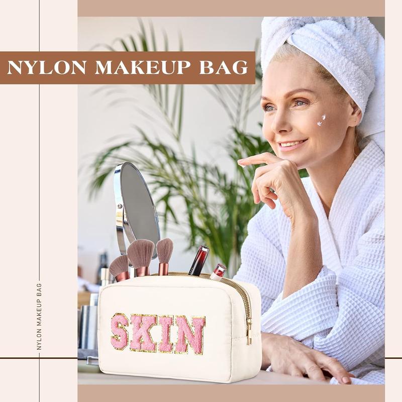 4 Pcs Preppy Makeup Bag - Your Stylish Storage Solution! Chenille letter nylon cosmetic bag. Makeup bag toiletry cosmetic case. Preppy bag with zipper. Stuff bag cosmetic pouch. Makeup pouch for women.