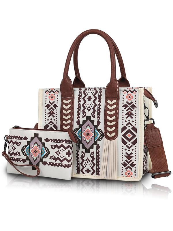 Boho Style Aztec Pattern Tassel Decor Tote Bag & Coin Purse, Casual Large Capacity Bag Set with Strap, Fashionable Bag Set for Women