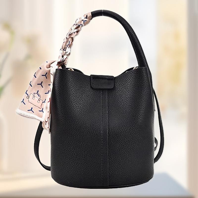 Casual Soft PU Leather Tote Bag for Women Cute Bucket Bag Plain Shoulder Crossbody Bag With Scarf Decor for Daily Use