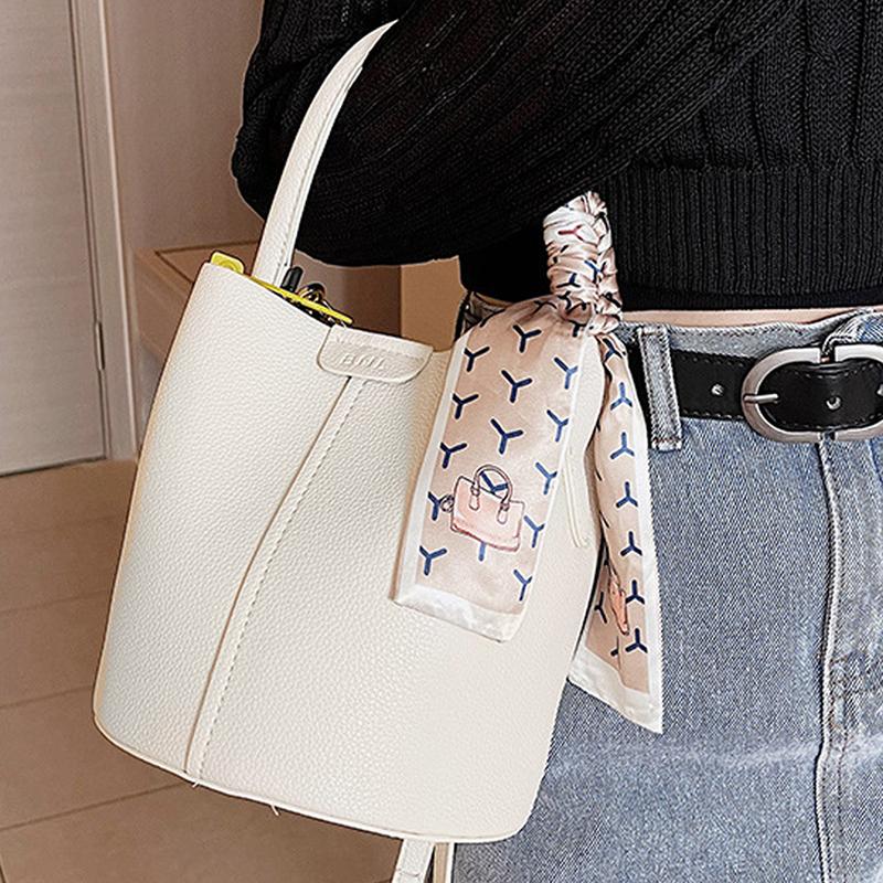 Casual Soft PU Leather Tote Bag for Women Cute Bucket Bag Plain Shoulder Crossbody Bag With Scarf Decor for Daily Use