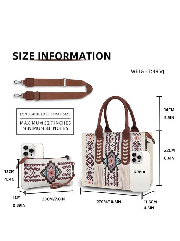 Boho Style Aztec Pattern Tassel Decor Tote Bag & Coin Purse, Casual Large Capacity Bag Set with Strap, Fashionable Bag Set for Women