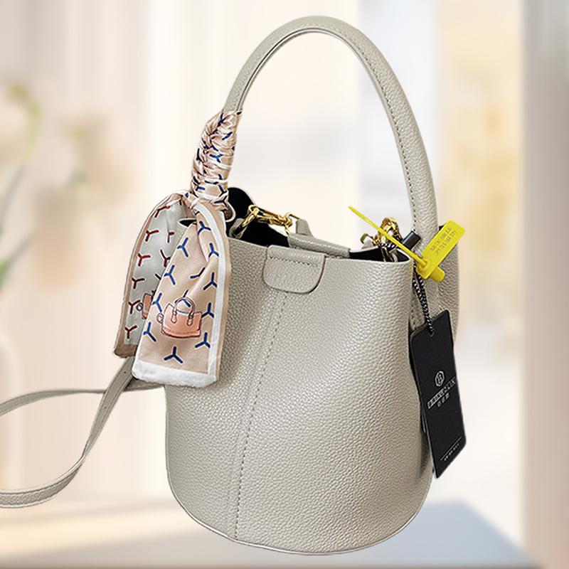 Casual Soft PU Leather Tote Bag for Women Cute Bucket Bag Plain Shoulder Crossbody Bag With Scarf Decor for Daily Use