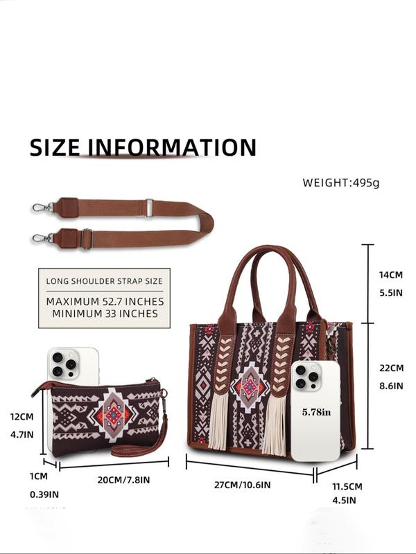 Boho Style Aztec Pattern Tassel Decor Tote Bag & Coin Purse, Casual Large Capacity Bag Set with Strap, Fashionable Bag Set for Women