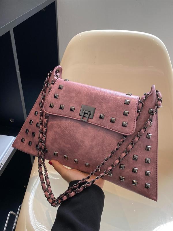 Women's Summer Punk Goth Rivet Decor Shoulder Bag, Fashionable Solid Color Underarm Bag for Daily Used, Casual Trendy Versatile High-quality Daily Commuting Bag