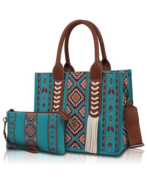 Boho Style Aztec Pattern Tassel Decor Tote Bag & Coin Purse, Casual Large Capacity Bag Set with Strap, Fashionable Bag Set for Women