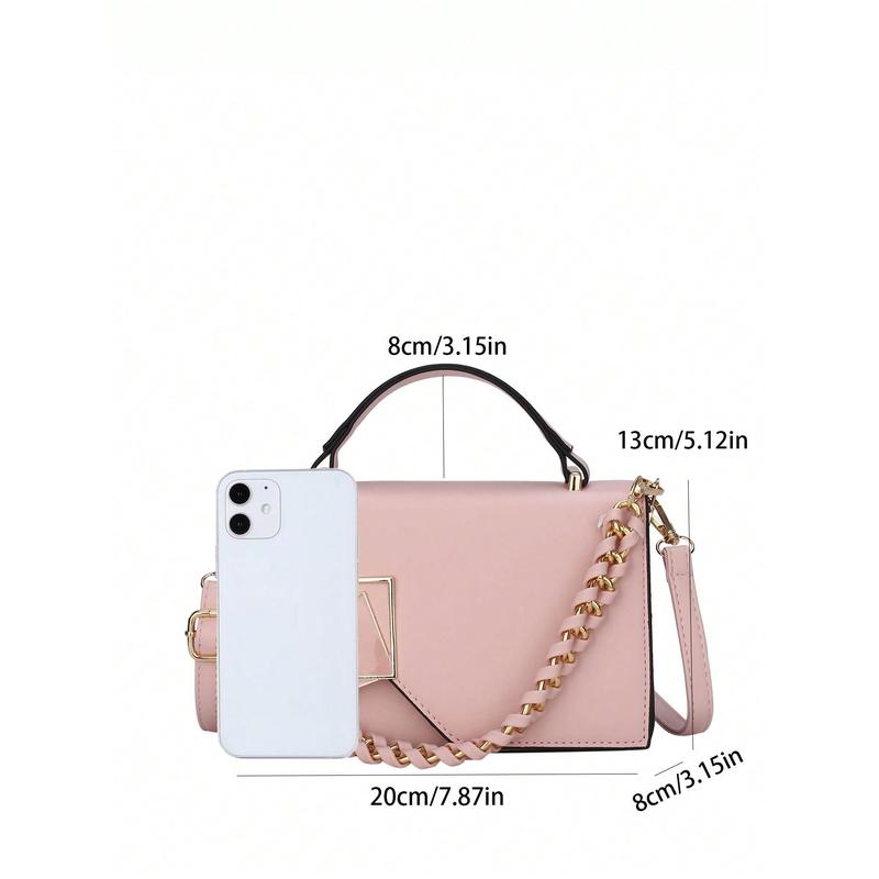 Mini Woven Chain Decorated Flap With Lock Portable Handbag For Women, Shoulder Bag Or Crossbody Bag, Suitable For Work, Shopping, Traveling.