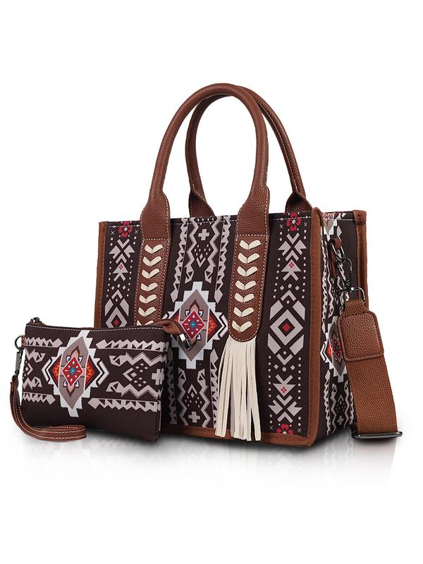 Boho Style Aztec Pattern Tassel Decor Tote Bag & Coin Purse, Casual Large Capacity Bag Set with Strap, Fashionable Bag Set for Women