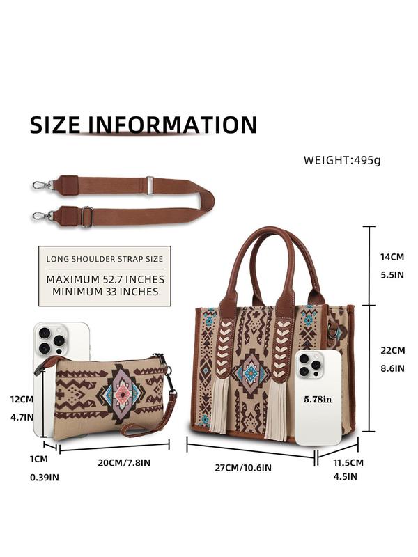 Boho Style Aztec Pattern Tassel Decor Tote Bag & Coin Purse, Casual Large Capacity Bag Set with Strap, Fashionable Bag Set for Women