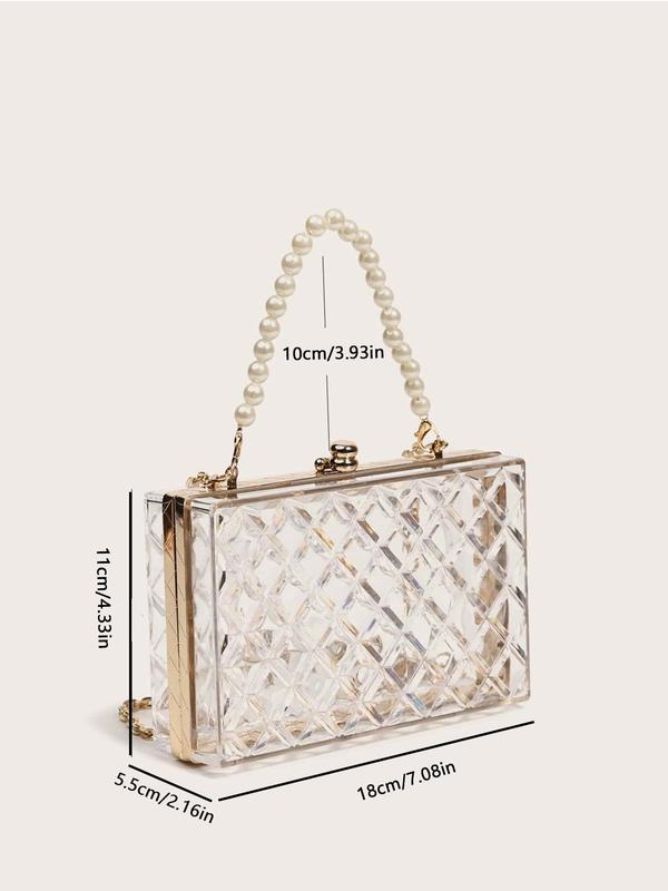 Women's Minimalist Elegant Transparent Argyle Faux Pearl Handle & Chain Design Box Shaped Evening Bag For Dating & Party