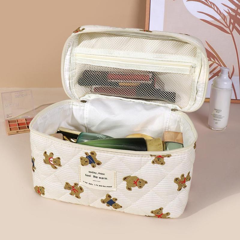 Cartoon Bear Pattern Quilted Makeup Bag Kit, Large Capacity Cosmetic Storage Bag, Zipper Makeup Organizer Pouch, Makeup Tool for Home & Travel, Makeup Product