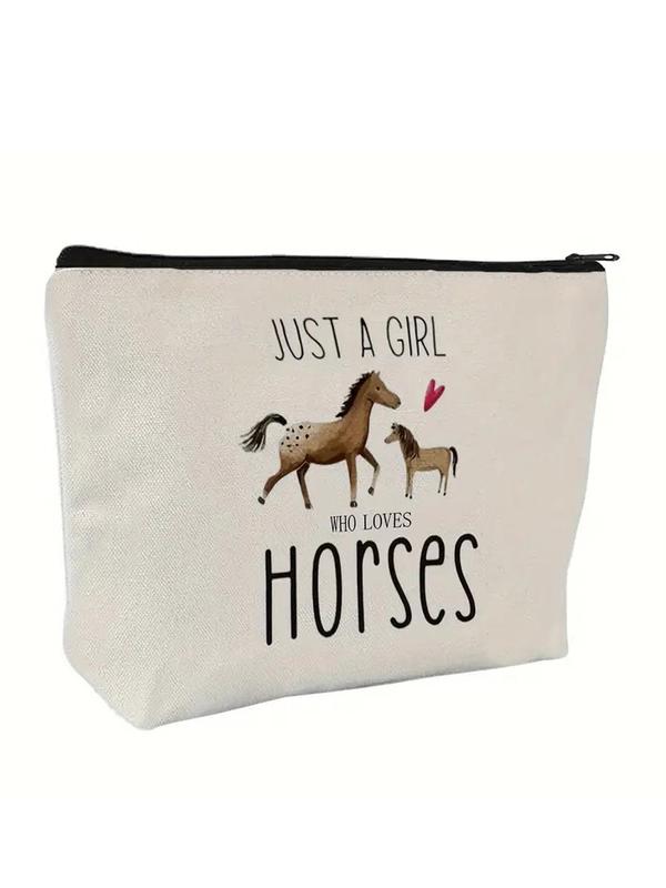 Horse & Letter Pattern Makeup Bag, Casual Zipper Makeup Pouch, Versatile Cosmetic Storage Bag for Women & Girls for Travel & Daily Use