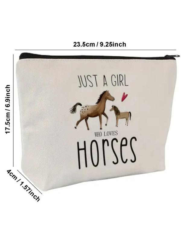 Horse & Letter Pattern Makeup Bag, Casual Zipper Makeup Pouch, Versatile Cosmetic Storage Bag for Women & Girls for Travel & Daily Use