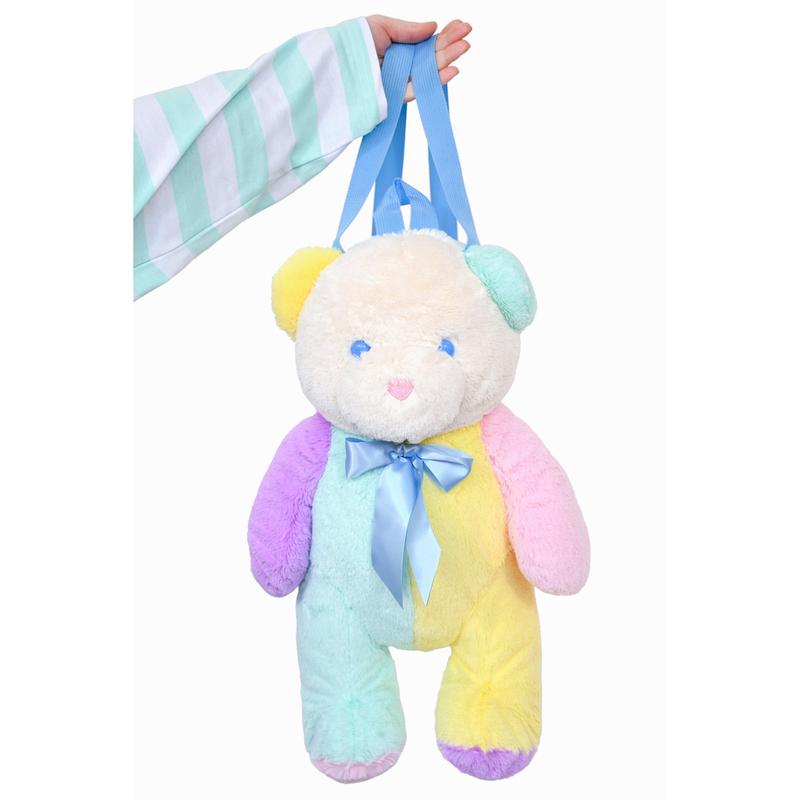 Pastel Patches Soft Stuffed Bear Backpack Color Block Pink Blue