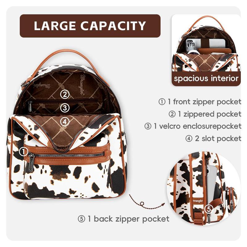 Wrangler 2024 Fall Fashion Moo Moo Cow Print Backpack Lightweight Casual with Change Purse