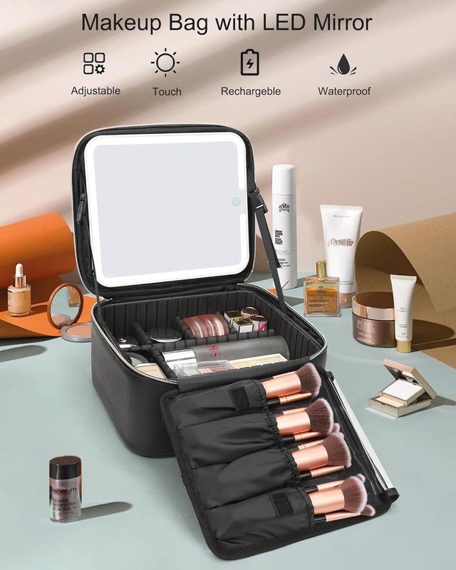 Makeup Bag with Light Up Mirror and Brush Organizer Storage Box.