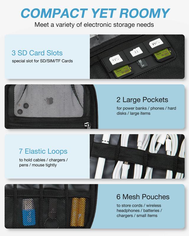 BAGSMART Electronics Organizer Travel Case, Small Travel Cable Organizer Bag for Travel Essentials, Travel Tech Organizer as Travel Accessories, Cord Organizer for Phone, Power Bank, SD Card, Black