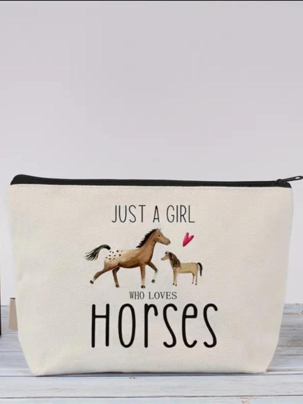 Horse & Letter Pattern Makeup Bag, Casual Zipper Makeup Pouch, Versatile Cosmetic Storage Bag for Women & Girls for Travel & Daily Use