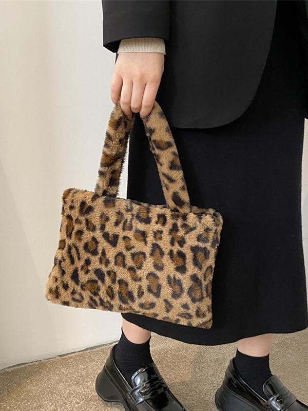 Fashion Leopard & Cow Print Plush Handbag, Casual Versatile Zipper Square Bag for Women, Trendy All-match Bag for Daily Use