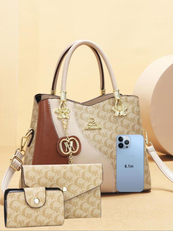 Women's Fashionable Patchwork Design Handbag & Clutch Bag & Wallet, Casual Versatile Pu Leather Bag Set, Trendy High-quality Daily Commuting Bag Set