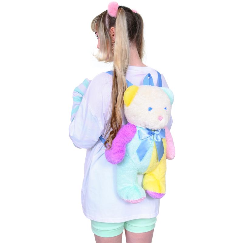 Pastel Patches Soft Stuffed Bear Backpack Color Block Pink Blue